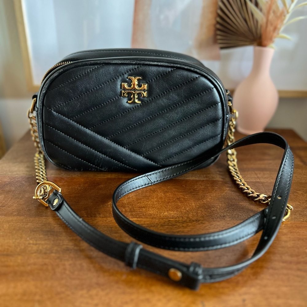 Tory Burch Kira Small Black Authentic Chevron Camera Bag